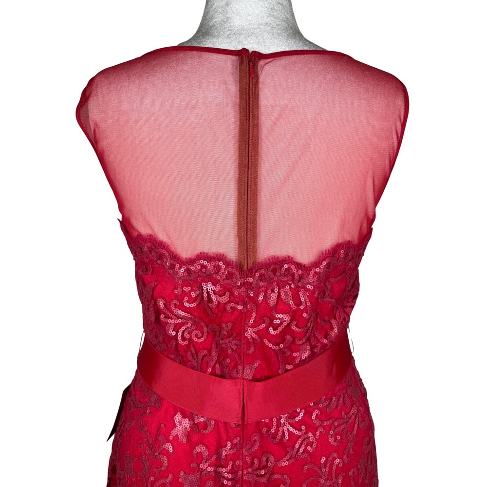 Tadashi Shoji Dress Womens 16 Red Sequin Lace Illusion Ribbon Belt Cocktail New - Picture 6 of 13